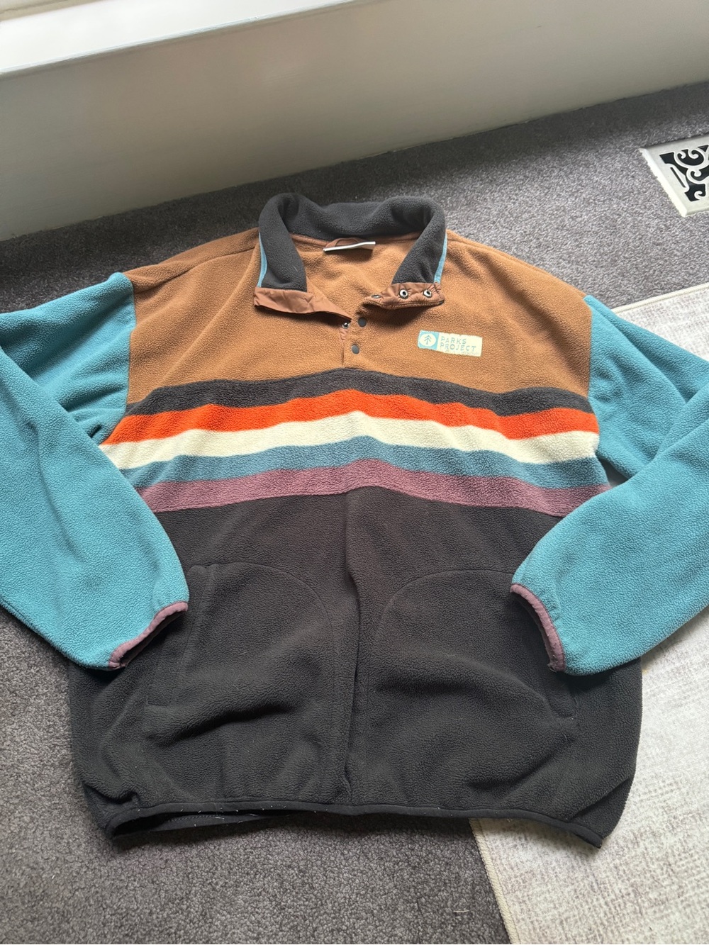 Parks Project L Striped Fleece Snap Pullover Sweatshirt w/ Pockets